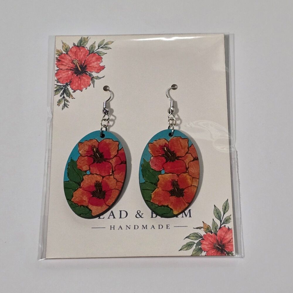 Hand Painted Tropical Floral Earrings | Teal Wood Hibiscus Dangle Earrings #2